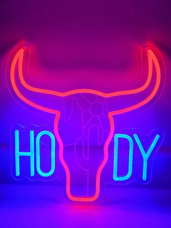 Howdy Longhorn Red & Blue LED Neon Sign-USB-Cactus Sun Mountain 13.5