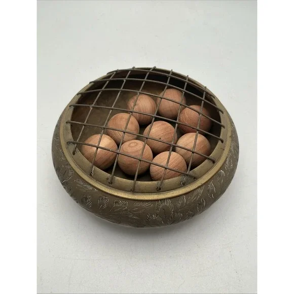 Vintage Brass Bowl w/Wire Grid Cover & Wood Spheres,‎ India, Etched Leaves