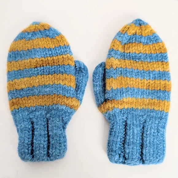 Hand Knitted Mittens Small Kid's Size Blue and Gold