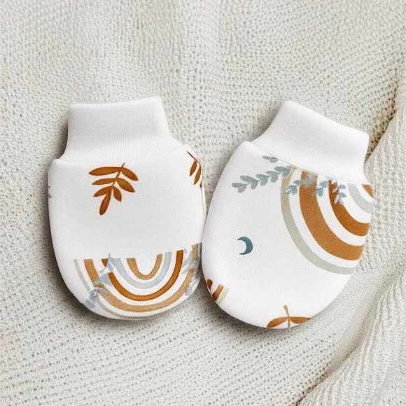 3/$15 🌸 Baby Girl Mittens Anti Scratch Newborn Gloves Boho Rainbow Leaf Print