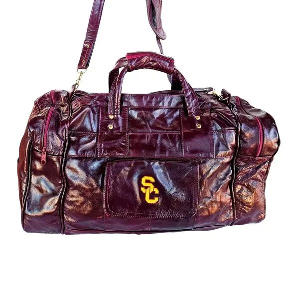USC Trojans Vintage Patchwork Maroon Leather Duffel 22