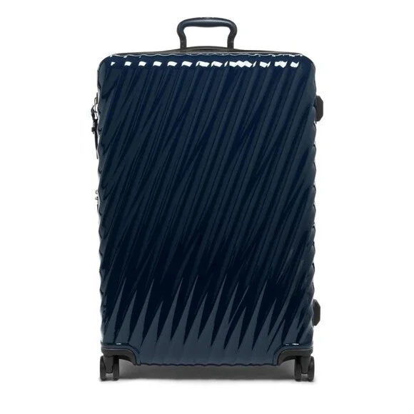 Tumi Large Expandable Checked Glossy Navy Hard-Shell Spinner Luggage suitcase