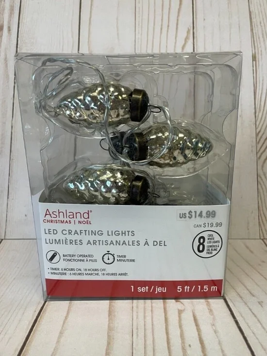 Christmas Lights Iridescent 8 Pinecones Silver Battery Operated Timer 5 ft NEW