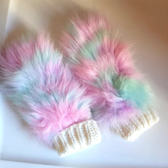Capelli colorful fur knit mittens pastel pink Teal purple