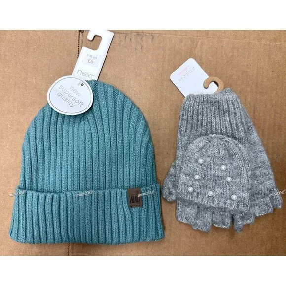 NEW Next Girls Beanie + Angels By Accessorize Pearl Fingerless Gloves w/Mitten
