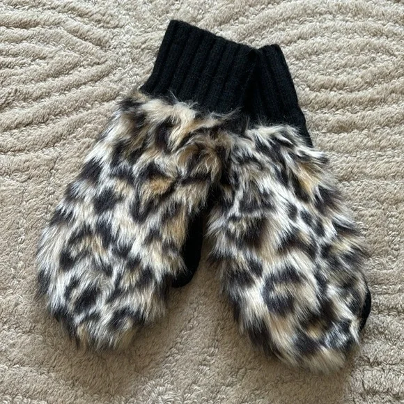 New! CREWCUTS Fur-Front Mittens in Leopard Furry Wool Lambswool Thumbs Soft