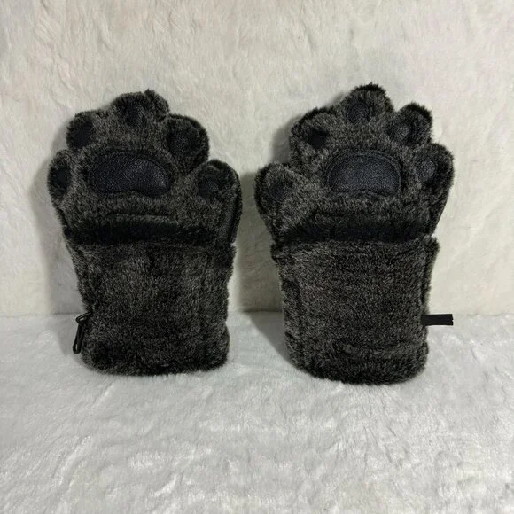 Bear Hands Fuzzy Paw Mittens W/ Non-Slip Grip & Thinsulate Lining Black Faux Fur