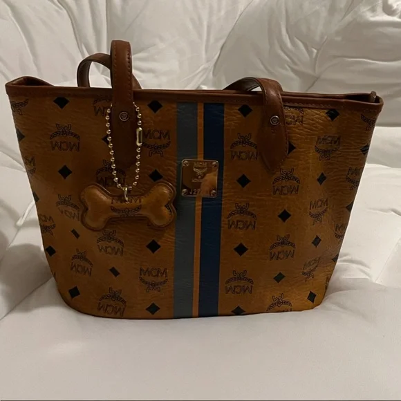 MCM Cognac Brown Visetos Small Tote with Navy and Orange Stripes