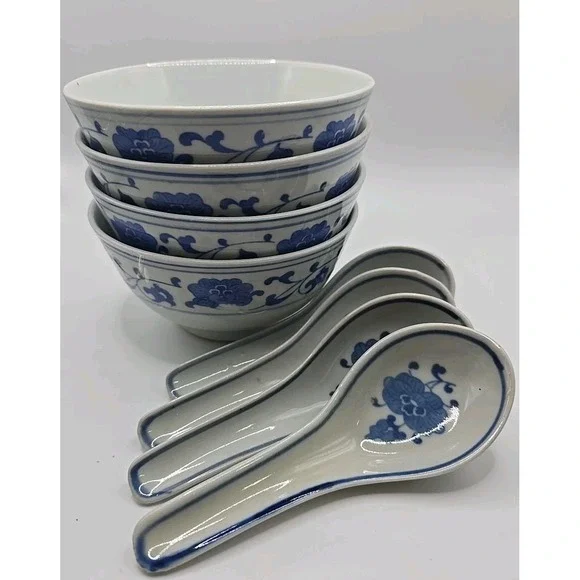 Vintage Chinese Porcelain Soup Rice Bowls (4) & Spoons (4) Eye Grain Style