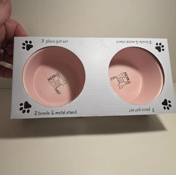 Ceramic Pet Bowl 3-Piece Set for Cats & Metal Stand New
