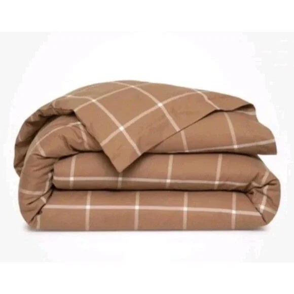 Ralph Lauren Full Queen Modern Equestrian Windowpane Duvet Cover Camel $500 NWT