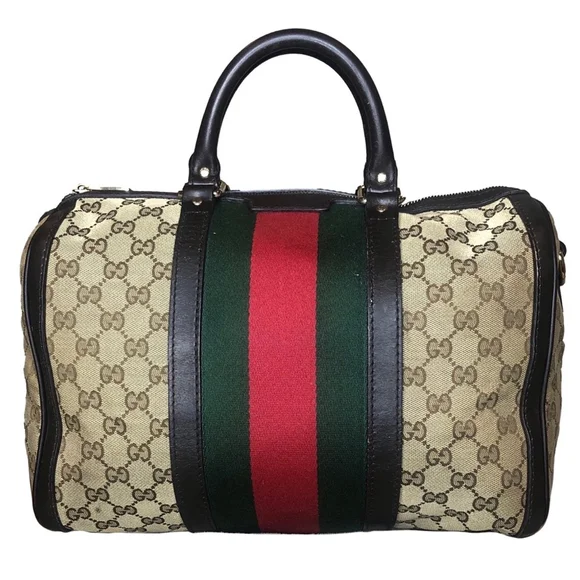 GUCCI GG Sherryline Boston Duffel Bag with Red and Green Stripe Removable Strap*