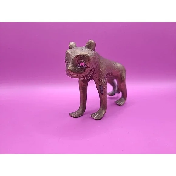 Antique Indian‎ Brass Tiger cast with open mouth and curved tail