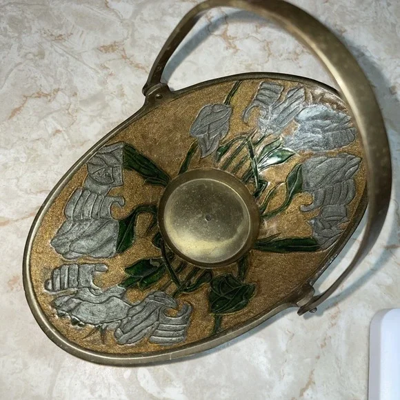 Rare Vintage‎ Brass &Enamel Cloisonne handled trinket bowl BEAUTIFUL