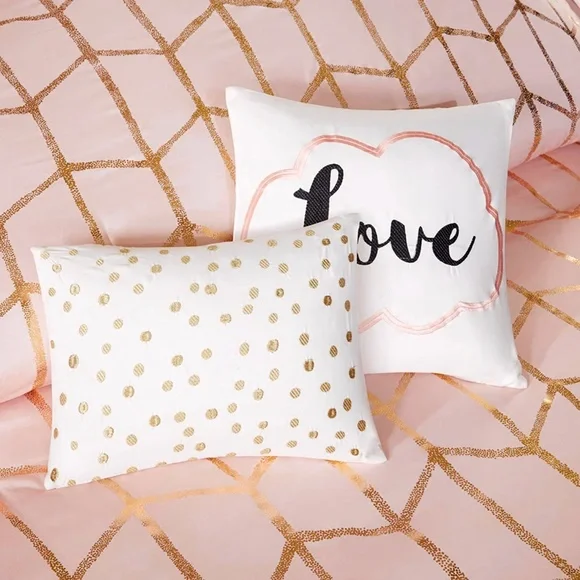 Raina 5 Piece Metallic Printed Duvet Cover Set, Queen, Blush/Gold NWT
