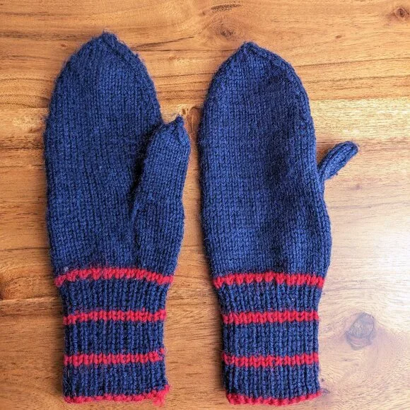 Child's Handmade Cottagecore Knit Blue Mittens with Red Stripes