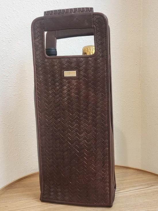 Cole Haan Brown Woven Leather Wine Bottle Carrier Tote Bag