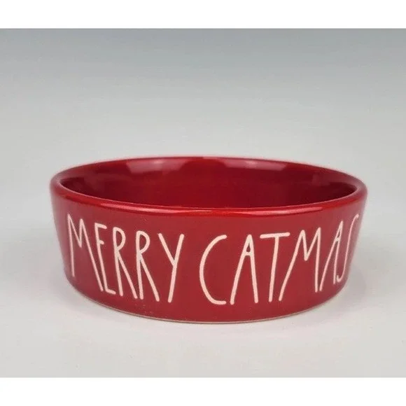 RAE DUNN Holiday Christmas MERRY CATMAS Red Cat Kitten Food Bowl