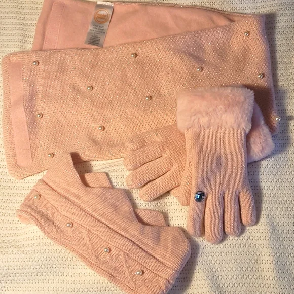 Girls winter warm acrylic dressy pink gloves scarf headband set faux pearl & fur
