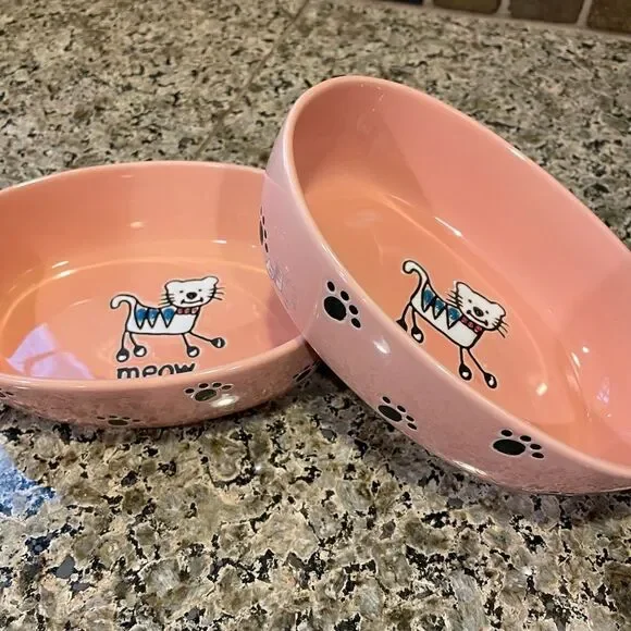 Pet Rageous Adorable Peach Ceramic Cat Bowls set of 2