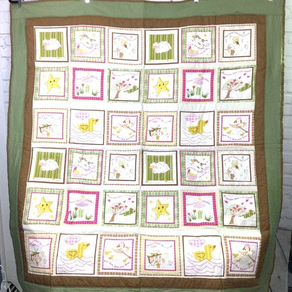 Handmade Nursery Rhymes Green Brown Patchwork Nursery Quilt 50