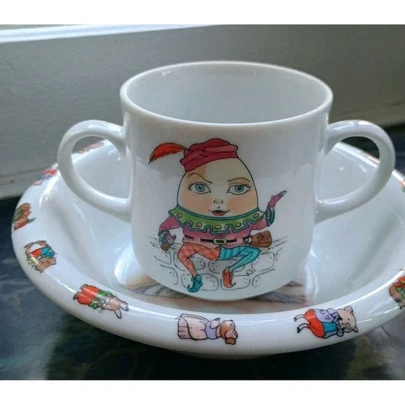 Mother Goose 1986 Shafford 2‎ Piece Bowl Cup Nursery Rhymes Vintage Set