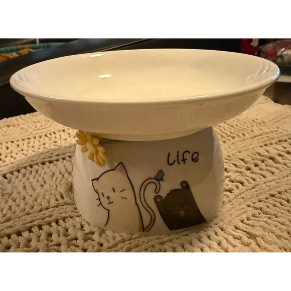 Ceramic Elevated Cat Bowl Raised Pet Feeder Whimsical Life Cat Illustration 6