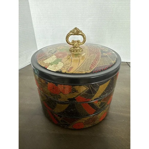 VTG Japanese Porcelain Bento Lunch Box Stacking 3 Tier Jubako Bowls Brass Lid