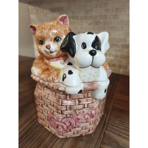 Vintage Ceramic Cat Dog Cookie Jar Basket Pink Bow Cute Cottage Decor