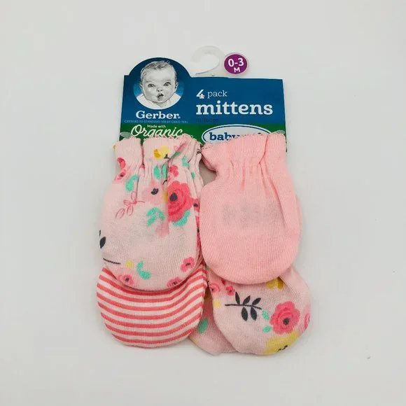Gerber Baby Girls 4-Pack 0-3m No Scratch Mittens, Pink Floral Solid Striped NEW
