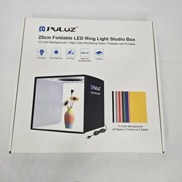 Puluz 25cm Foldable LED Ring Light Studio Box 12 Color Options - New in Open Box