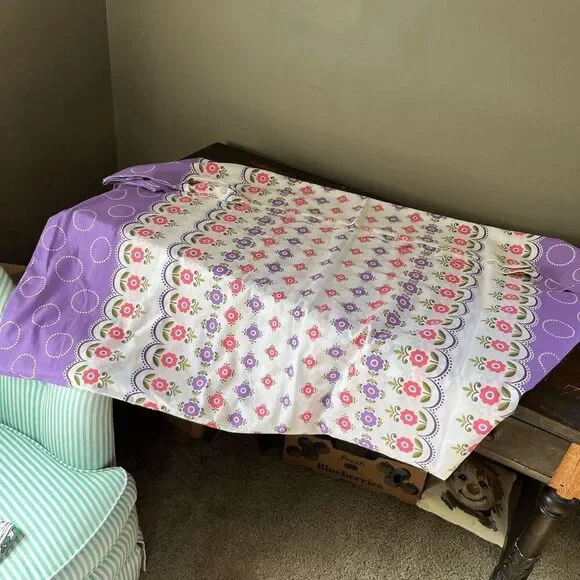 VTG 70s Purple Floral Cotton Duvet Cover 76x50 Folk Stripe Coquette Cottagecore
