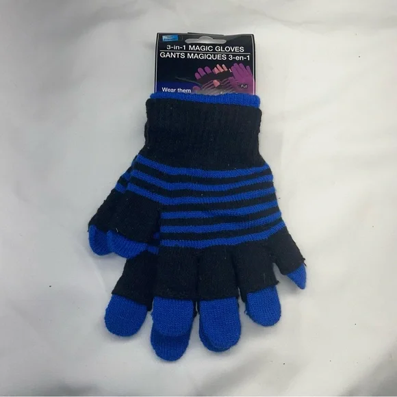 3-in-1 Magic Gloves — Black with Royal Blue Stripes