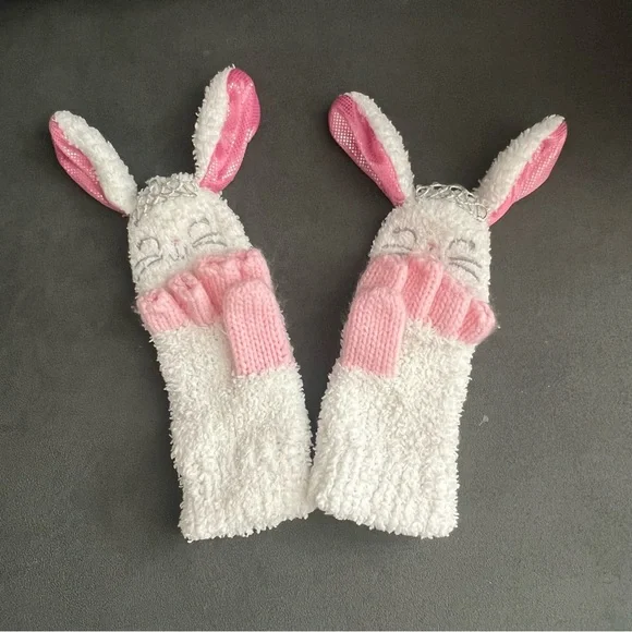 Toddler Girl’s Bunny White Fingerless Warm Mittens Gloves Size Small 4/5