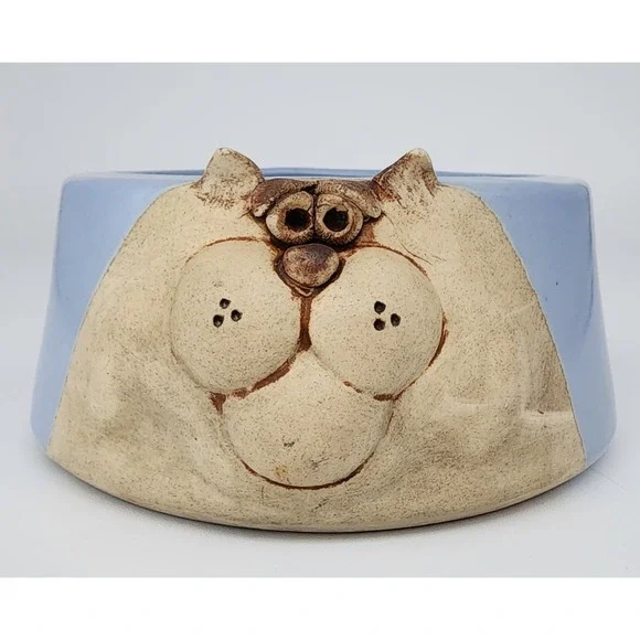 Ceramic Cat Face Pet Bowl Small Blue Tan Whimsical 3D Relief Studio Pottery