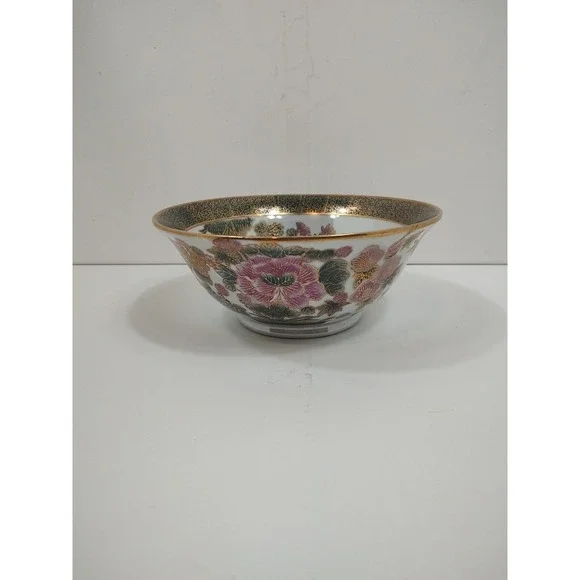 Vintage Oriental Display Bowl Green Gold‎ Mauve Floral 8.5