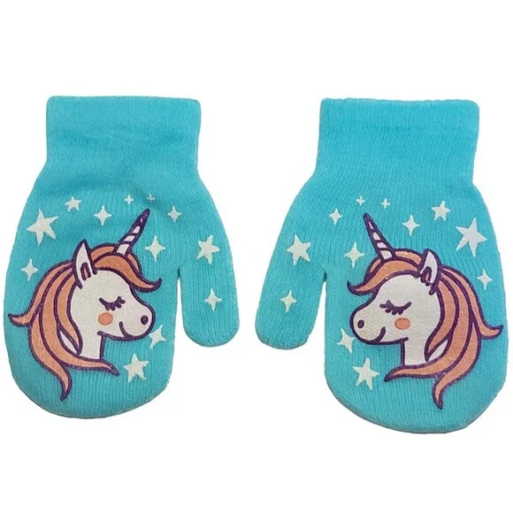 Toddler Unicorn Stars Mittens Blue Knit Warm Winter Accessories Cold Weather