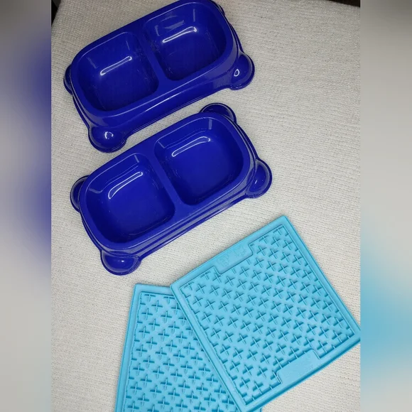 Double Pet Food Bowls & Silicone Slow Feeder Mat Bundle