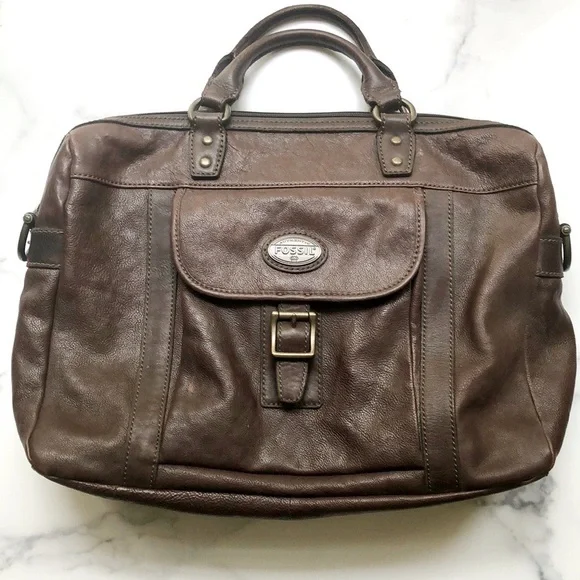 Fossil Brown Leather Briefcase Messenger Travel Crossbody Bag Double handle