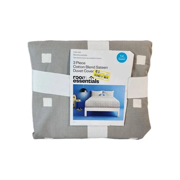 3 Piece Duvet Cover Set Room Essentials Grey/ White Check Square Full/Queen New