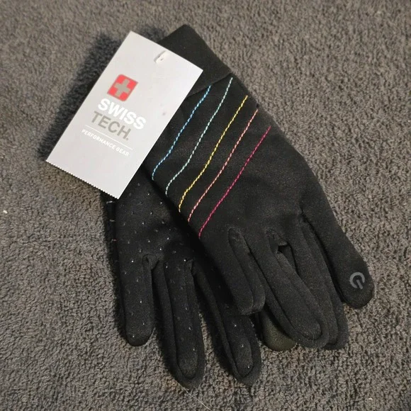 Swiss Tech Performance Ski Gloves Kids L-XL Black Rainbow Touchscreen Grip NWT