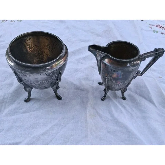 Antique Victorian Meriden Brittania Lion Footed Creamer Sugar Silverplate 1877