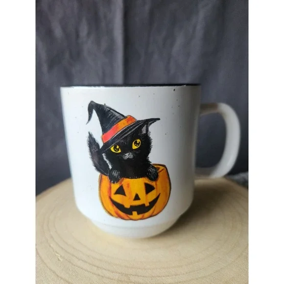 Cobwebs & Cauldrons Witchy Cat with Pumpkins‎ Mug~Halloween Black Cat