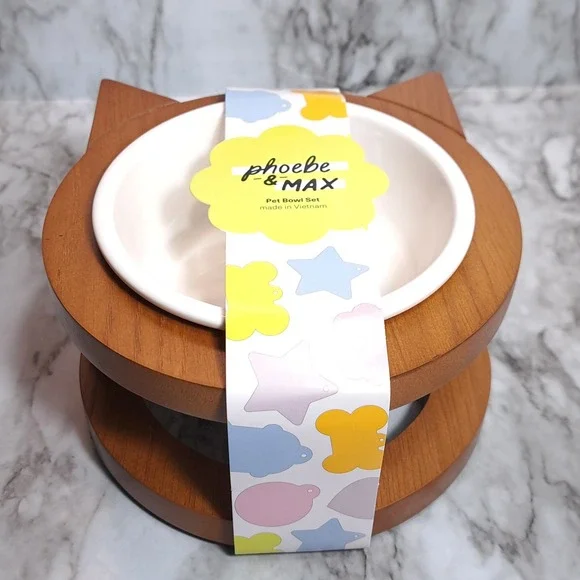 Phoebe & Max Pet‎ Bowl Set Elevated Ceramic Raised Cat Food Bowl Wood