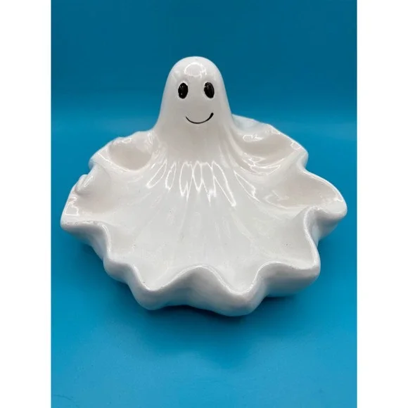 Vintage 70s 80s Halloween Candy Dish‎ Bowl Ceramic Ghost Painted Face