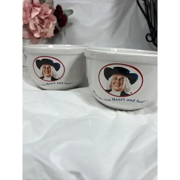 Vintage Quaker Oatmeal Bowl Cereal 90s White Warms You Heart And Soul‎ Set Of 2