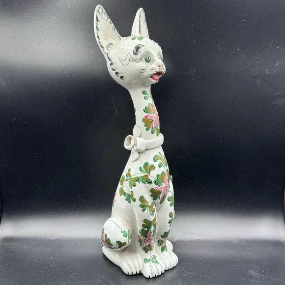 VTG Long Neck Ceramic Cat LARGE Figurine Made Italy 1960s Floral W/Bow Rare 17