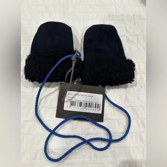 NWT - Navy Sheepskin Mittens with Blue Cord- sz OS (infant)