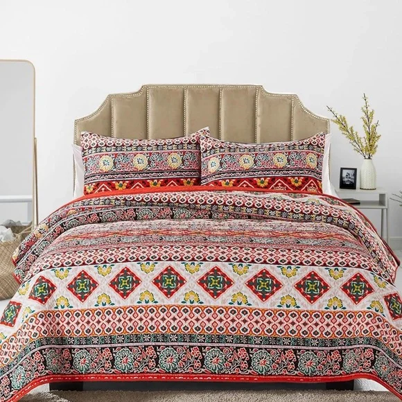 Colourful Queen Size Damask Woven Quilt Bedspread Blanket & Pillows