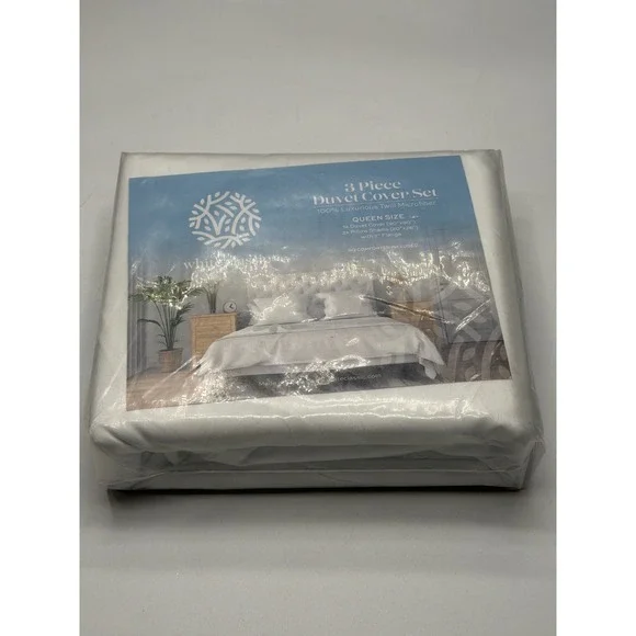 White Classic Queen 3 Piece Duvet Cover Set‎ Luxurious Twill Microfiber NWT